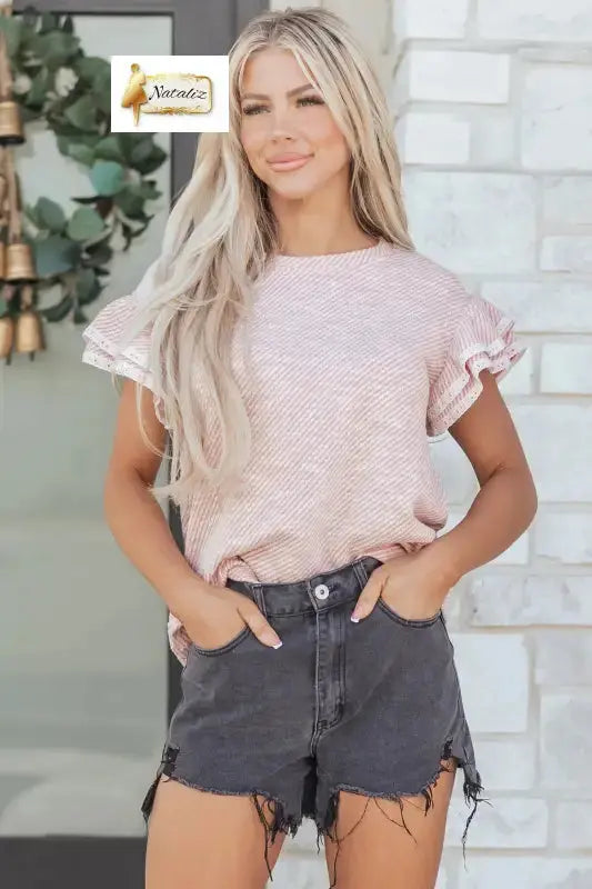 Clearly Aqua Twilled Print Lace Trim Ruffled Short Sleeve Blouse Nataliz