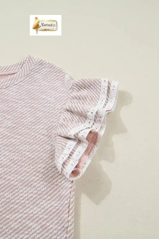 Clearly Aqua Twilled Print Lace Trim Ruffled Short Sleeve Blouse Nataliz