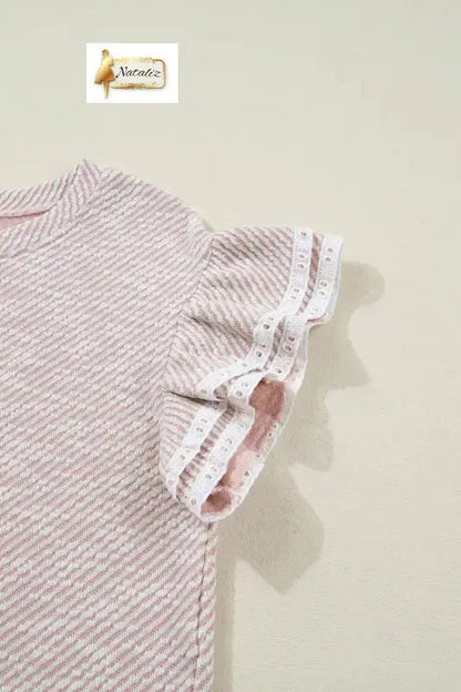 Clearly Aqua Twilled Print Lace Trim Ruffled Short Sleeve Blouse Nataliz