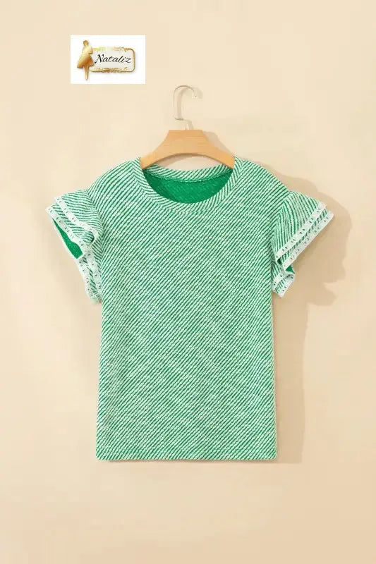 Clearly Aqua Twilled Print Lace Trim Ruffled Short Sleeve Blouse Nataliz