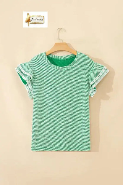 Clearly Aqua Twilled Print Lace Trim Ruffled Short Sleeve Blouse Nataliz