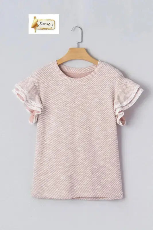 Clearly Aqua Twilled Print Lace Trim Ruffled Short Sleeve Blouse Nataliz