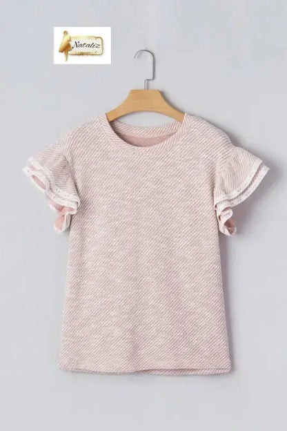 Clearly Aqua Twilled Print Lace Trim Ruffled Short Sleeve Blouse Nataliz