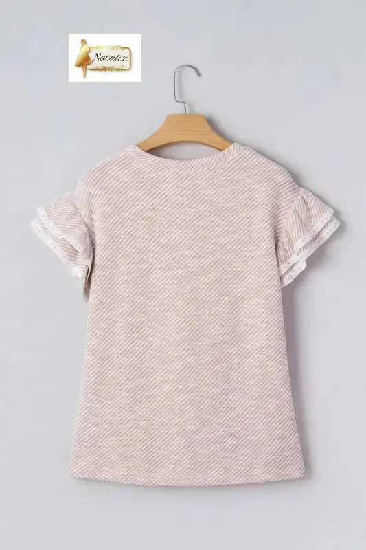 Clearly Aqua Twilled Print Lace Trim Ruffled Short Sleeve Blouse Nataliz