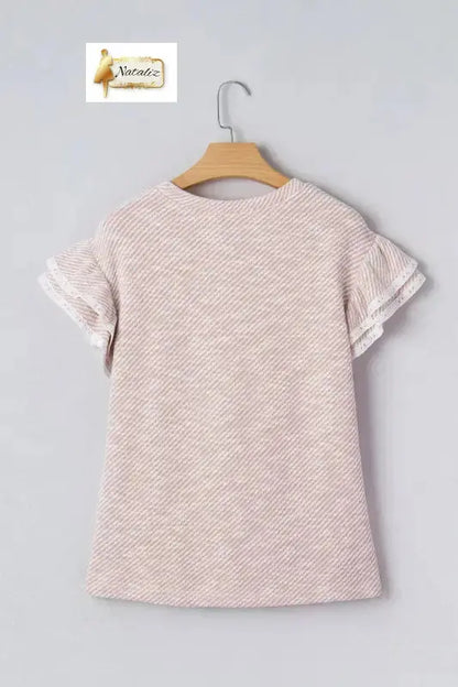 Clearly Aqua Twilled Print Lace Trim Ruffled Short Sleeve Blouse Nataliz