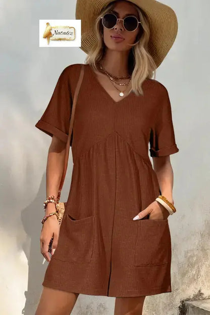 Coffee Solid Color Knit V Neck Zipped Loose Romper Jumpsuits