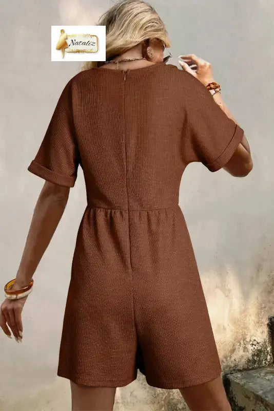 Coffee Solid Color Knit V Neck Zipped Loose Romper Jumpsuits