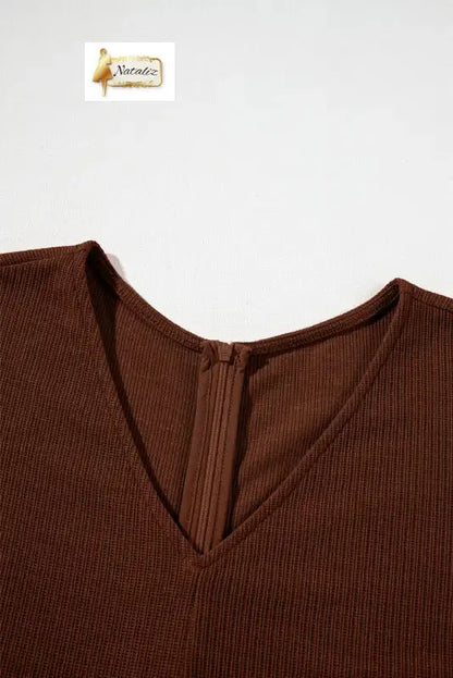 Coffee Solid Color Knit V Neck Zipped Loose Romper Jumpsuits