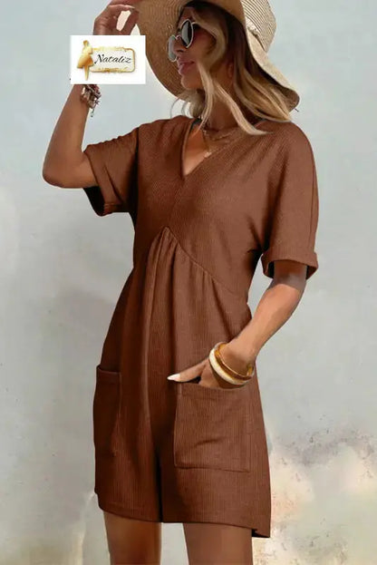 Coffee Solid Color Knit V Neck Zipped Loose Romper Jumpsuits