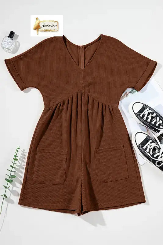 Coffee Solid Color Knit V Neck Zipped Loose Romper Jumpsuits