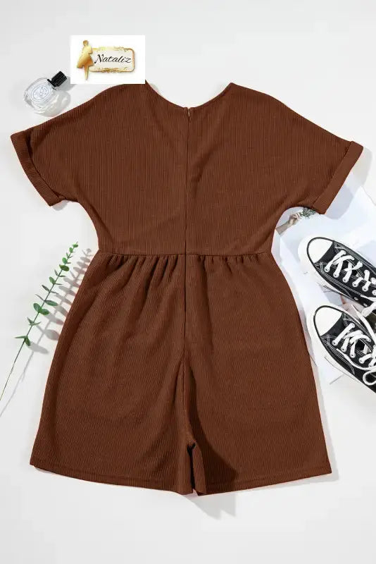 Coffee Solid Color Knit V Neck Zipped Loose Romper Jumpsuits