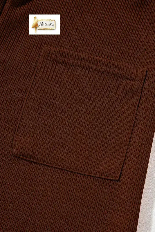 Coffee Solid Color Knit V Neck Zipped Loose Romper Jumpsuits