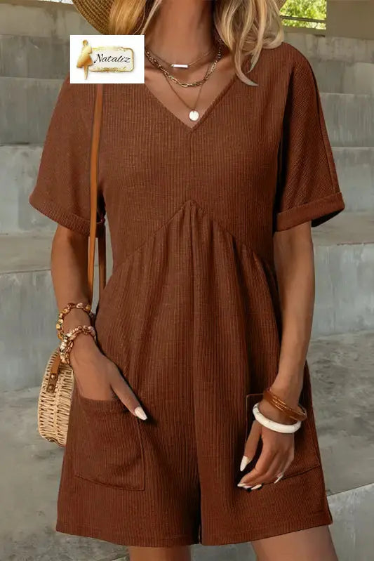 Coffee Solid Color Knit V Neck Zipped Loose Romper Coffee / S / 60% Polyester + 40% Viscose Jumpsuits