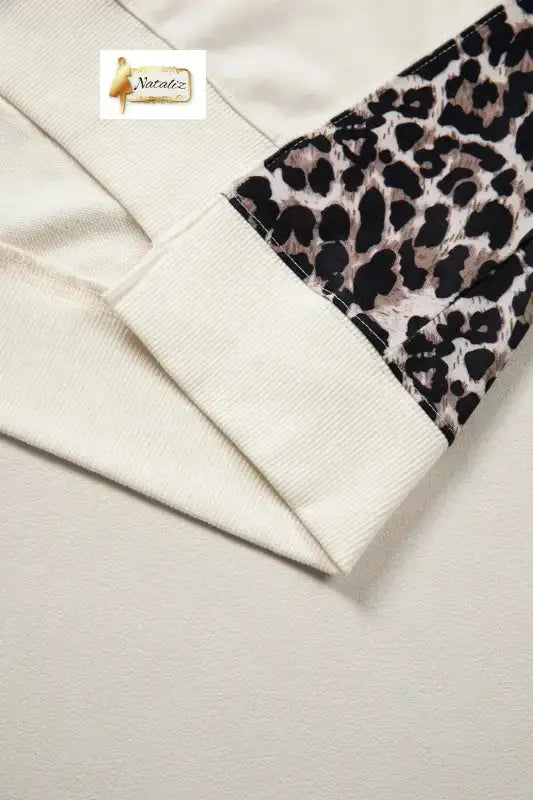 Cotton Beige Leopard Block Patchwork Uneven Hem Short Sleeve Top Nataliz