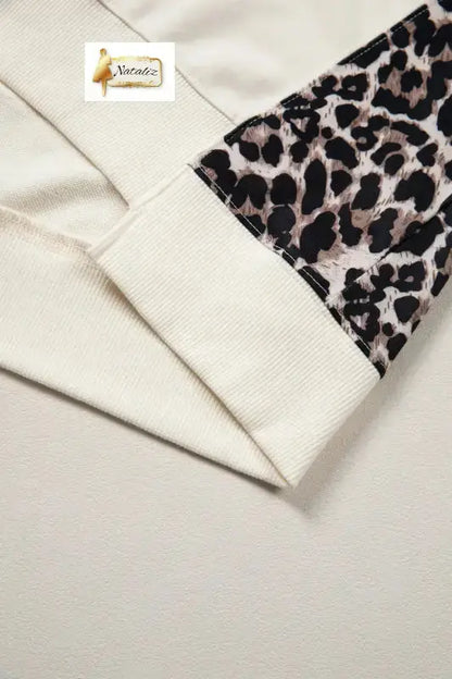 Cotton Beige Leopard Block Patchwork Uneven Hem Short Sleeve Top Nataliz