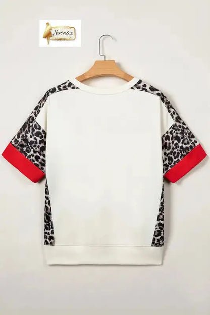 Cotton Beige Leopard Block Patchwork Uneven Hem Short Sleeve Top Nataliz
