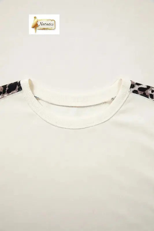 Cotton Beige Leopard Block Patchwork Uneven Hem Short Sleeve Top Nataliz