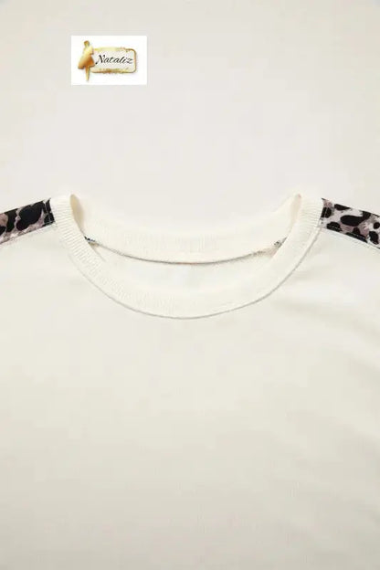 Cotton Beige Leopard Block Patchwork Uneven Hem Short Sleeve Top Nataliz