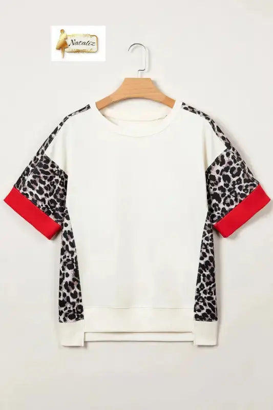 Cotton Beige Leopard Block Patchwork Uneven Hem Short Sleeve Top Nataliz