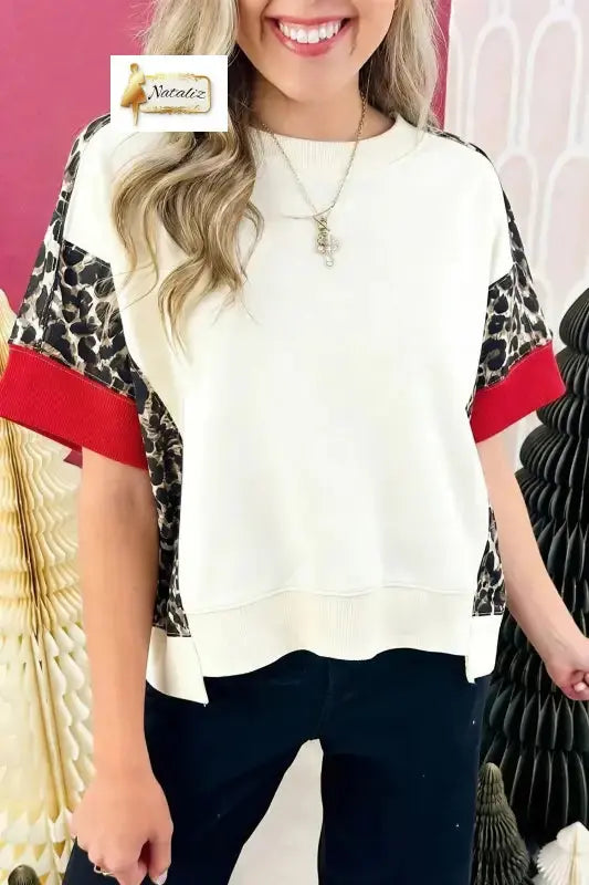 Cotton Beige Leopard Block Patchwork Uneven Hem Short Sleeve Top Nataliz