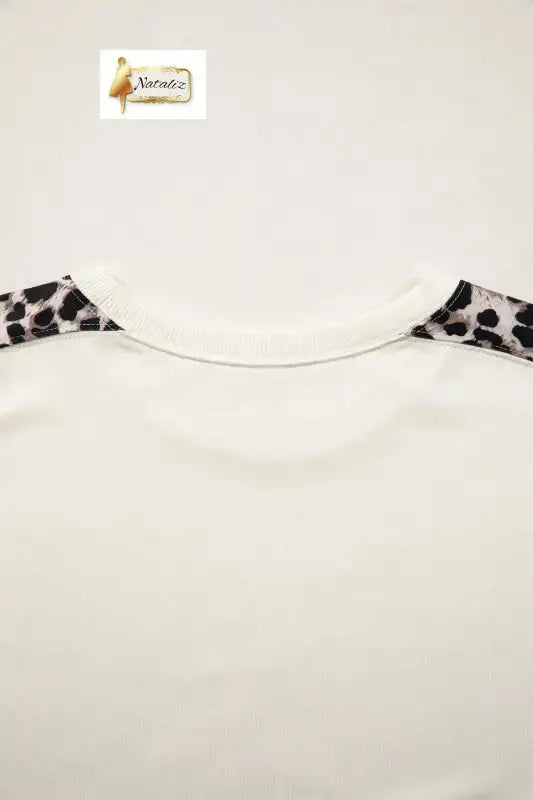 Cotton Beige Leopard Block Patchwork Uneven Hem Short Sleeve Top Nataliz
