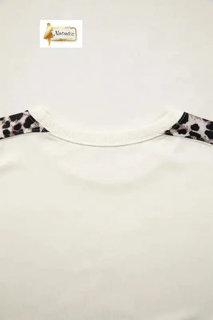 Cotton Beige Leopard Block Patchwork Uneven Hem Short Sleeve Top Nataliz