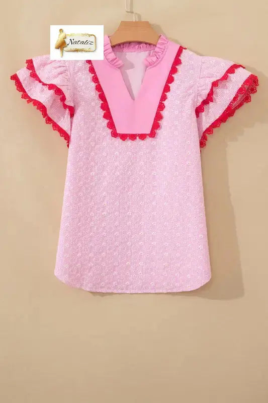 Cotton Pink Eyelet Embroidered Flower Texture Contrast Lace Trim Flutter Sleeve Blouse Nataliz