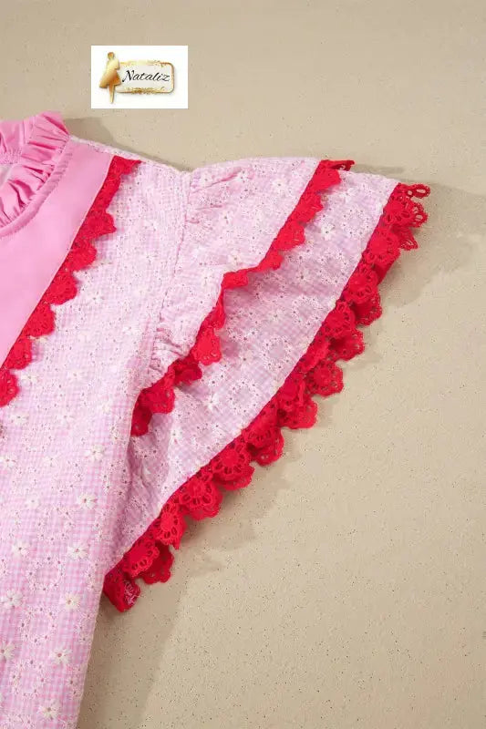 Cotton Pink Eyelet Embroidered Flower Texture Contrast Lace Trim Flutter Sleeve Blouse Nataliz