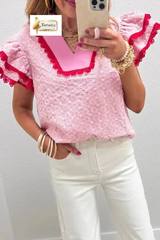 Cotton Pink Eyelet Embroidered Flower Texture Contrast Lace Trim Flutter Sleeve Blouse Nataliz