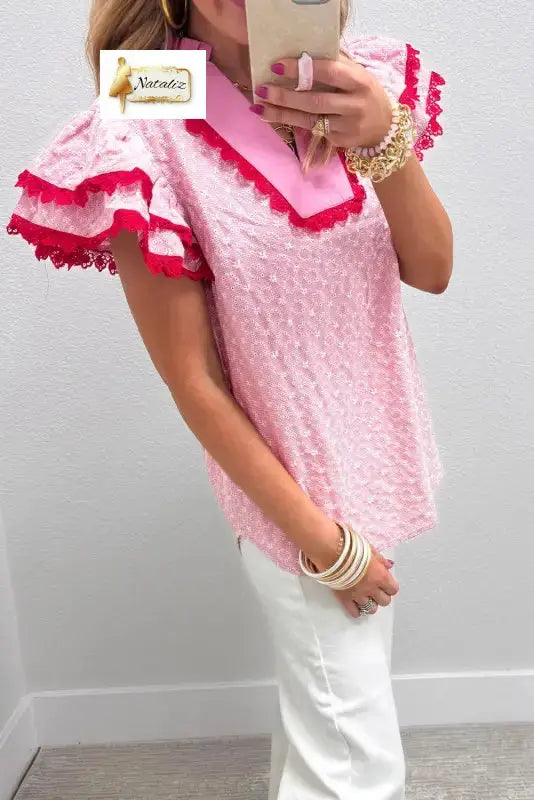Cotton Pink Eyelet Embroidered Flower Texture Contrast Lace Trim Flutter Sleeve Blouse Nataliz