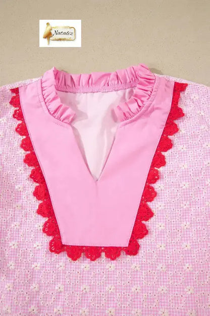 Cotton Pink Eyelet Embroidered Flower Texture Contrast Lace Trim Flutter Sleeve Blouse Nataliz