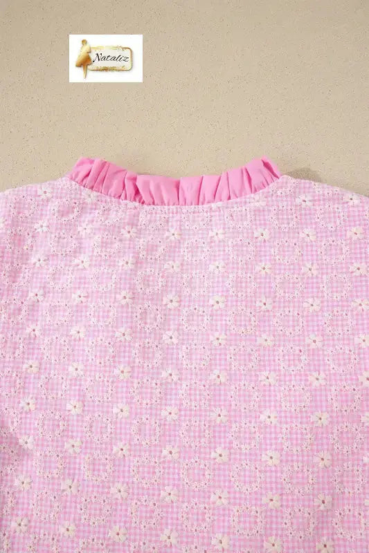 Cotton Pink Eyelet Embroidered Flower Texture Contrast Lace Trim Flutter Sleeve Blouse Nataliz