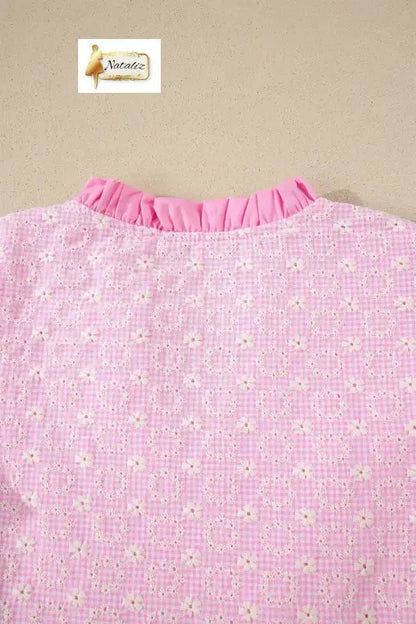 Cotton Pink Eyelet Embroidered Flower Texture Contrast Lace Trim Flutter Sleeve Blouse Nataliz