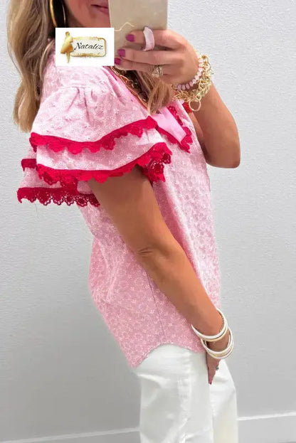 Cotton Pink Eyelet Embroidered Flower Texture Contrast Lace Trim Flutter Sleeve Blouse Nataliz