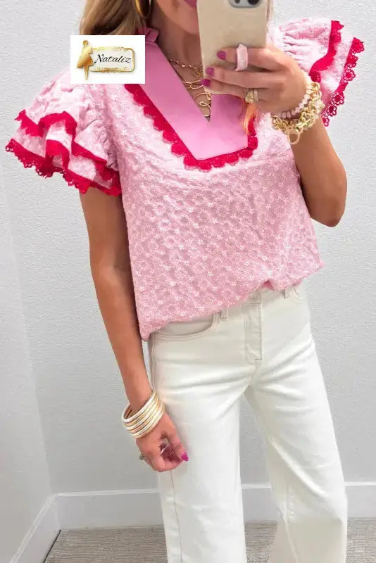 Cotton Pink Eyelet Embroidered Flower Texture Contrast Lace Trim Flutter Sleeve Blouse Nataliz