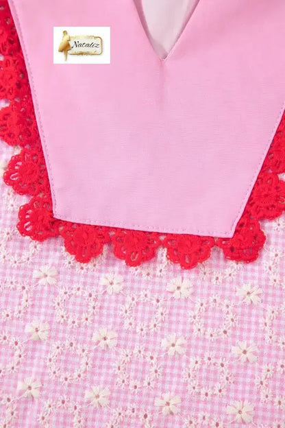 Cotton Pink Eyelet Embroidered Flower Texture Contrast Lace Trim Flutter Sleeve Blouse Nataliz