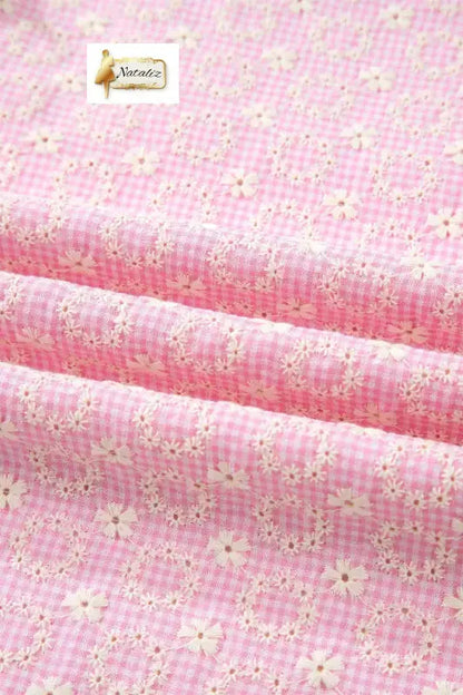 Cotton Pink Eyelet Embroidered Flower Texture Contrast Lace Trim Flutter Sleeve Blouse Nataliz