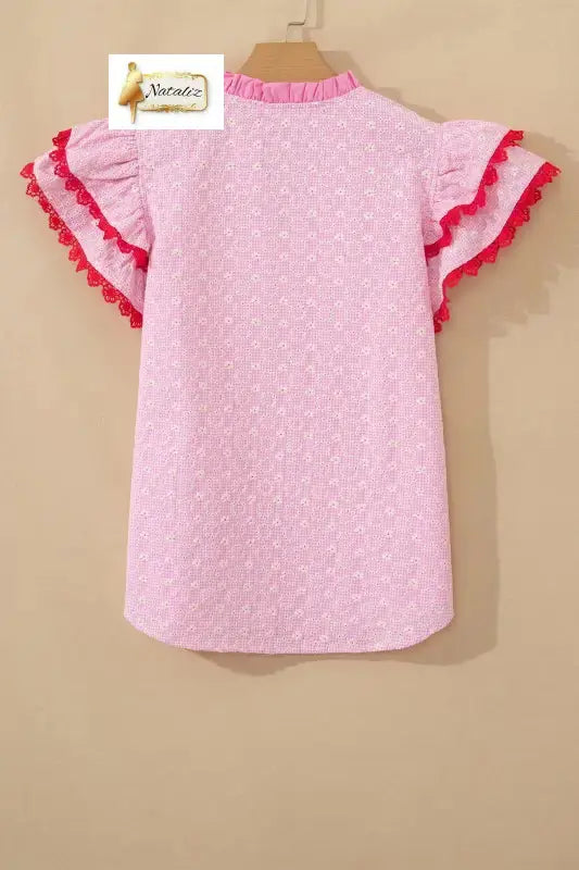 Cotton Pink Eyelet Embroidered Flower Texture Contrast Lace Trim Flutter Sleeve Blouse Nataliz