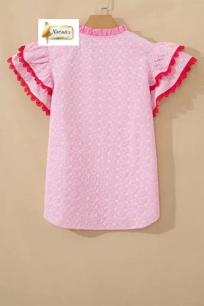 Cotton Pink Eyelet Embroidered Flower Texture Contrast Lace Trim Flutter Sleeve Blouse Nataliz