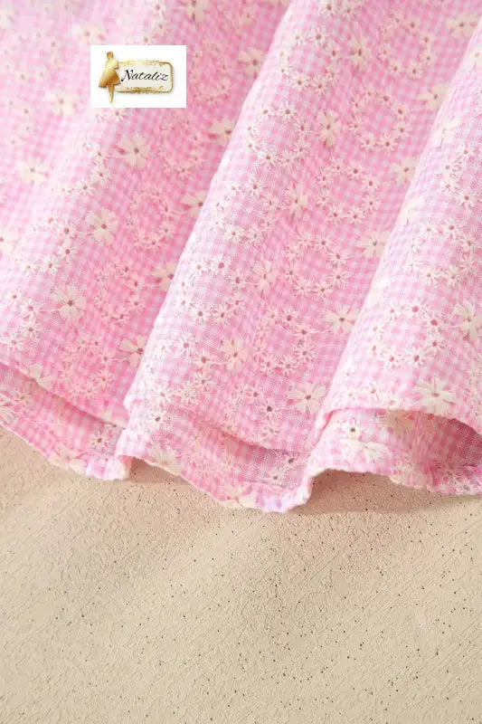 Cotton Pink Eyelet Embroidered Flower Texture Contrast Lace Trim Flutter Sleeve Blouse Nataliz