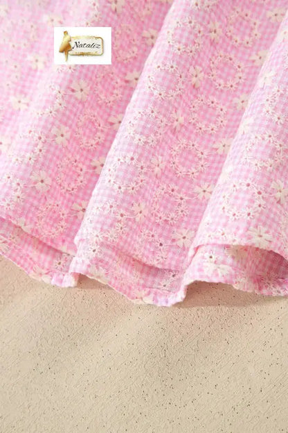 Cotton Pink Eyelet Embroidered Flower Texture Contrast Lace Trim Flutter Sleeve Blouse Nataliz