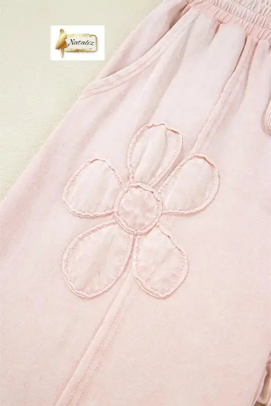 Cotton Pink Flower Patch Mineral Washed Terry Knit Cropped Wide Leg Pants Dear-Lover Dropshipping
