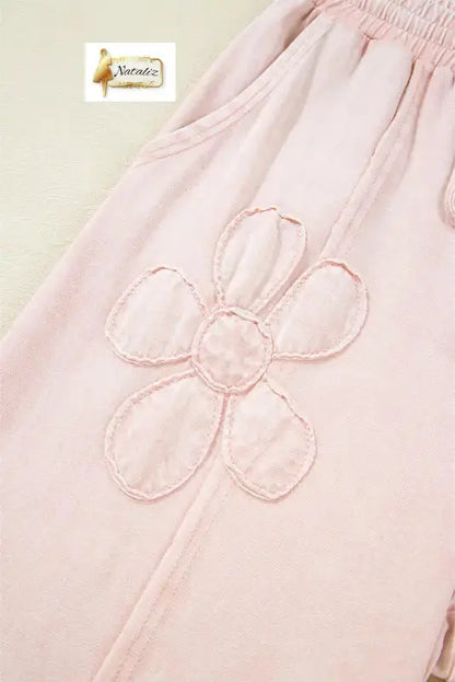 Cotton Pink Flower Patch Mineral Washed Terry Knit Cropped Wide Leg Pants Dear-Lover Dropshipping