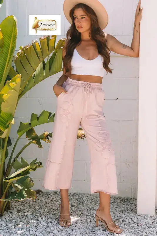 Cotton Pink Flower Patch Mineral Washed Terry Knit Cropped Wide Leg Pants Dear-Lover Dropshipping