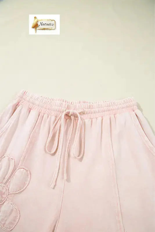 Cotton Pink Flower Patch Mineral Washed Terry Knit Cropped Wide Leg Pants Dear-Lover Dropshipping