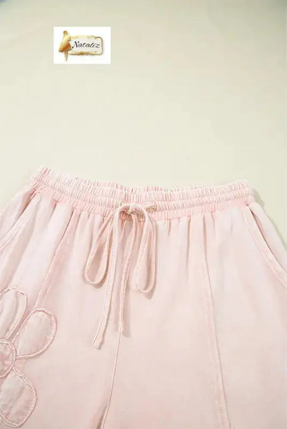 Cotton Pink Flower Patch Mineral Washed Terry Knit Cropped Wide Leg Pants Dear-Lover Dropshipping