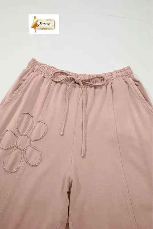 Cotton Pink Flower Patch Mineral Washed Terry Knit Cropped Wide Leg Pants Dear-Lover Dropshipping
