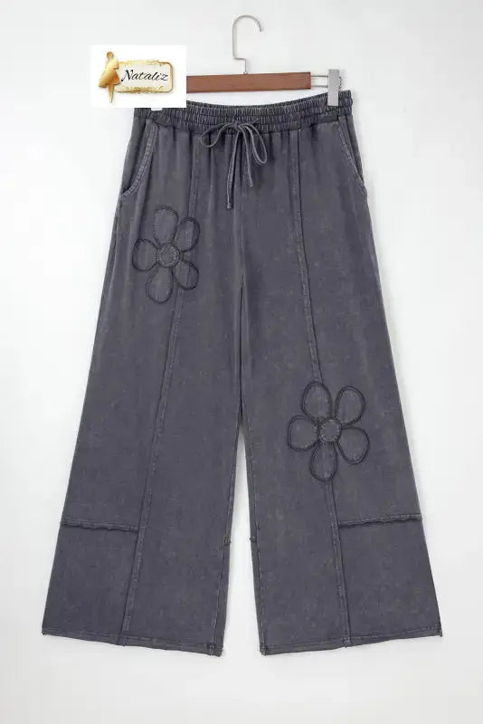 Cotton Pink Flower Patch Mineral Washed Terry Knit Cropped Wide Leg Pants Dear-Lover Dropshipping
