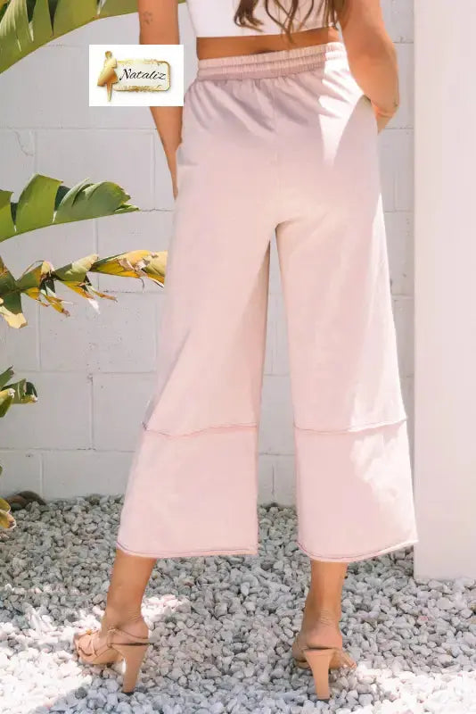 Cotton Pink Flower Patch Mineral Washed Terry Knit Cropped Wide Leg Pants Dear-Lover Dropshipping