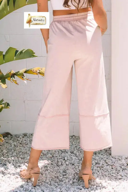 Cotton Pink Flower Patch Mineral Washed Terry Knit Cropped Wide Leg Pants Dear-Lover Dropshipping